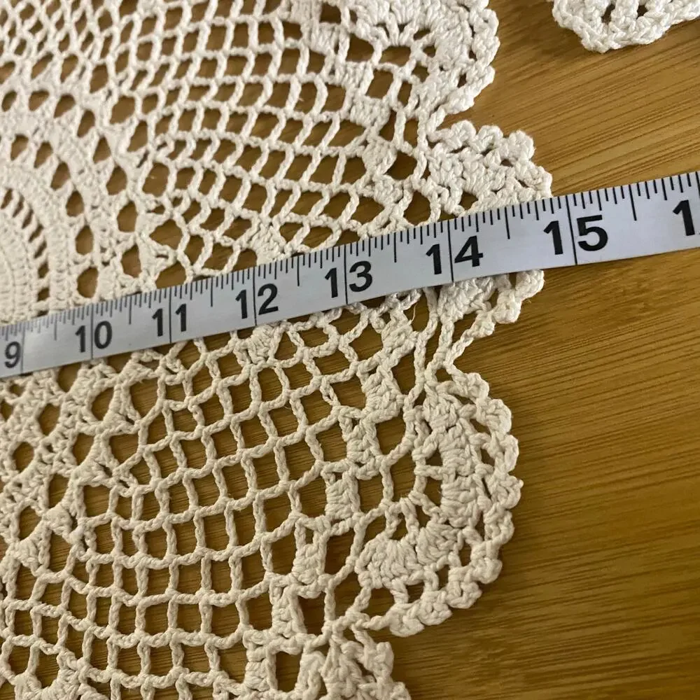 Vintage Handmade Crochet Doilies Set of 2 Ecru Cotton Round Lace Table